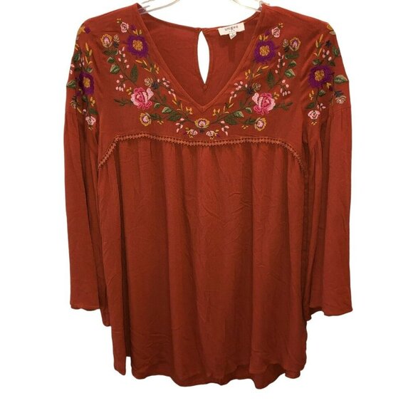 Umgee Womens Small Orange Floral Embroidered Flared Sleeve Blouse Top Shirt Sz S - Picture 1 of 9